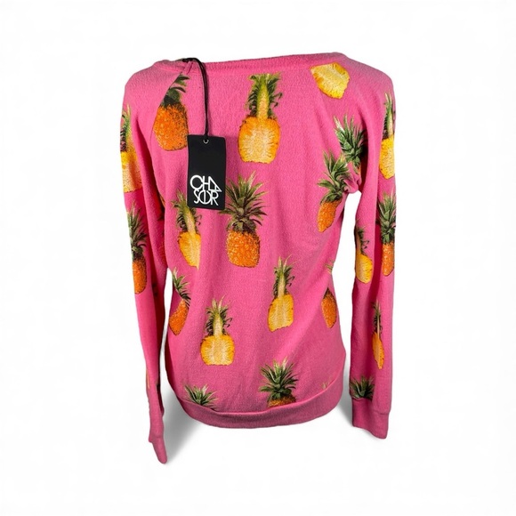 CHASER Pink Pineapple Pullover Crew Neck Long Sleeve Pink Sweater NWT Medium - Picture 3 of 7